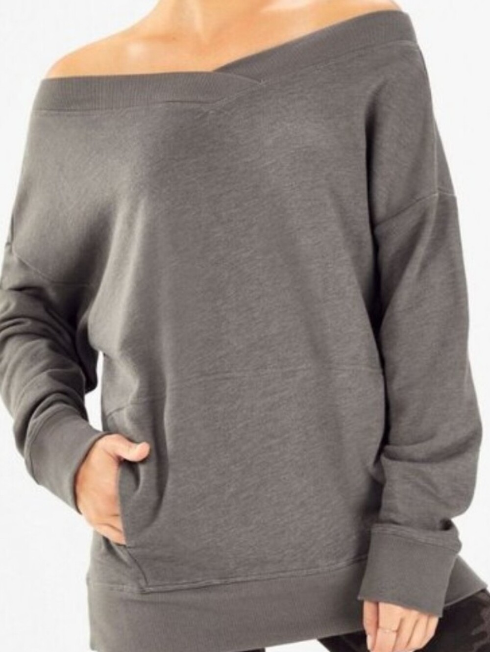 Fabletics Zaylee Cross Front Off Shoulder Pullover Women's XXS Gray Cozy